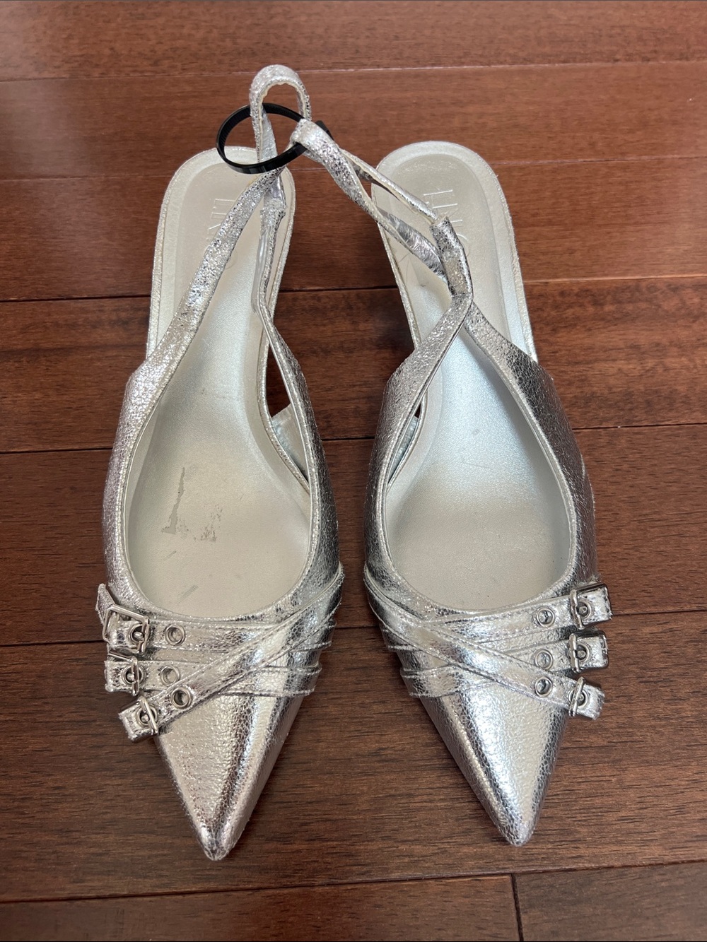 INC International Concepts Metallic Silver Pointed Slingback Flats